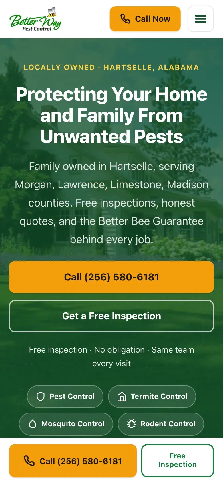 The Better Way Pest Control homepage on a phone