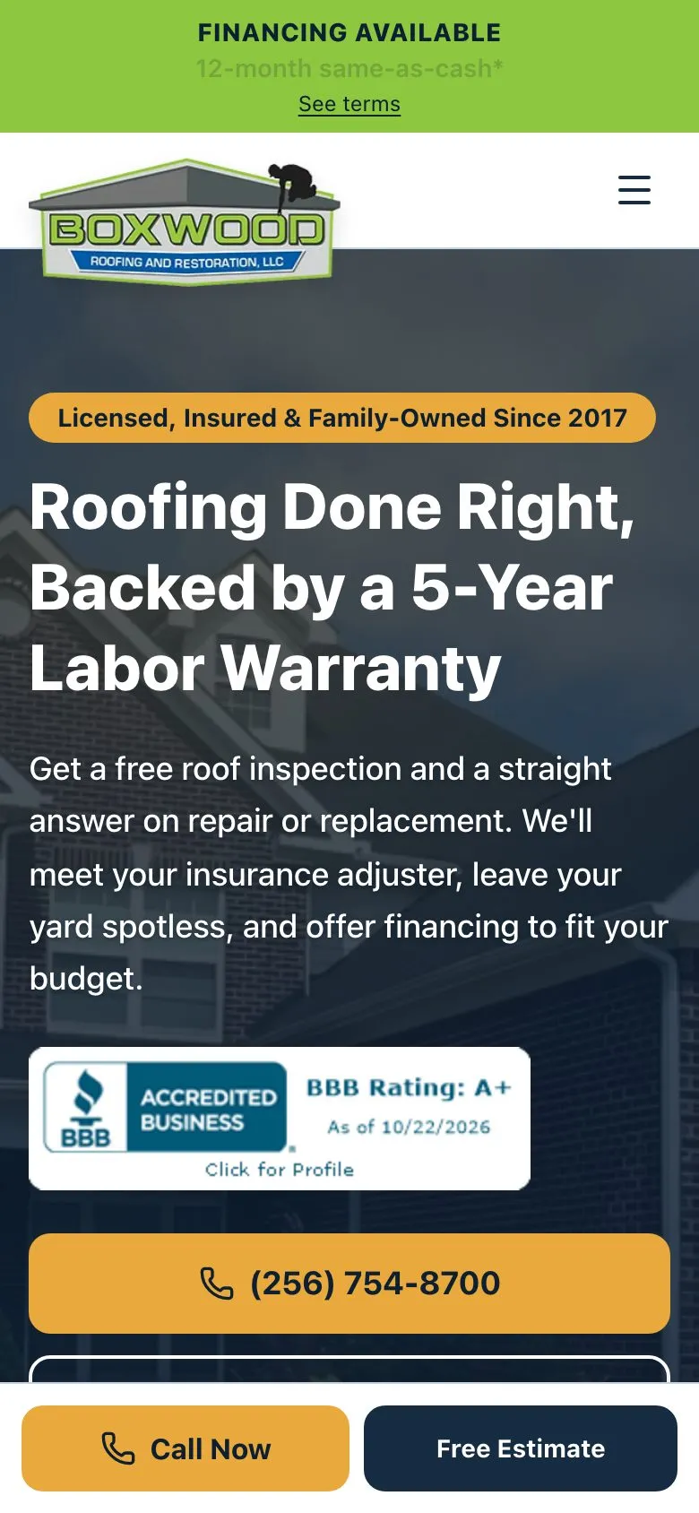 The Boxwood Roofing & Restoration homepage on a phone