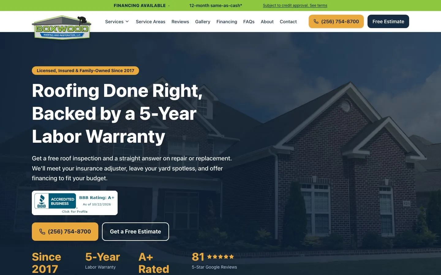 The Boxwood Roofing & Restoration homepage
