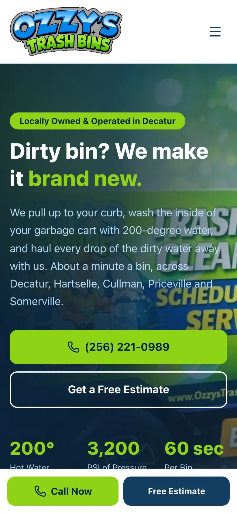 The Ozzy's Trash Bin Cleaning homepage on a phone